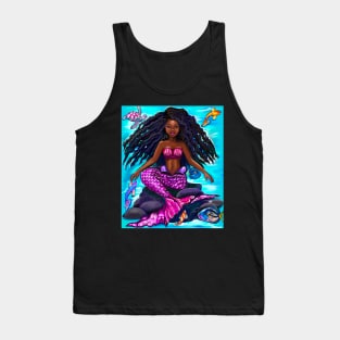 Black mermaid with flowing locks , brown eyes Afro hair and caramel brown skin Tank Top